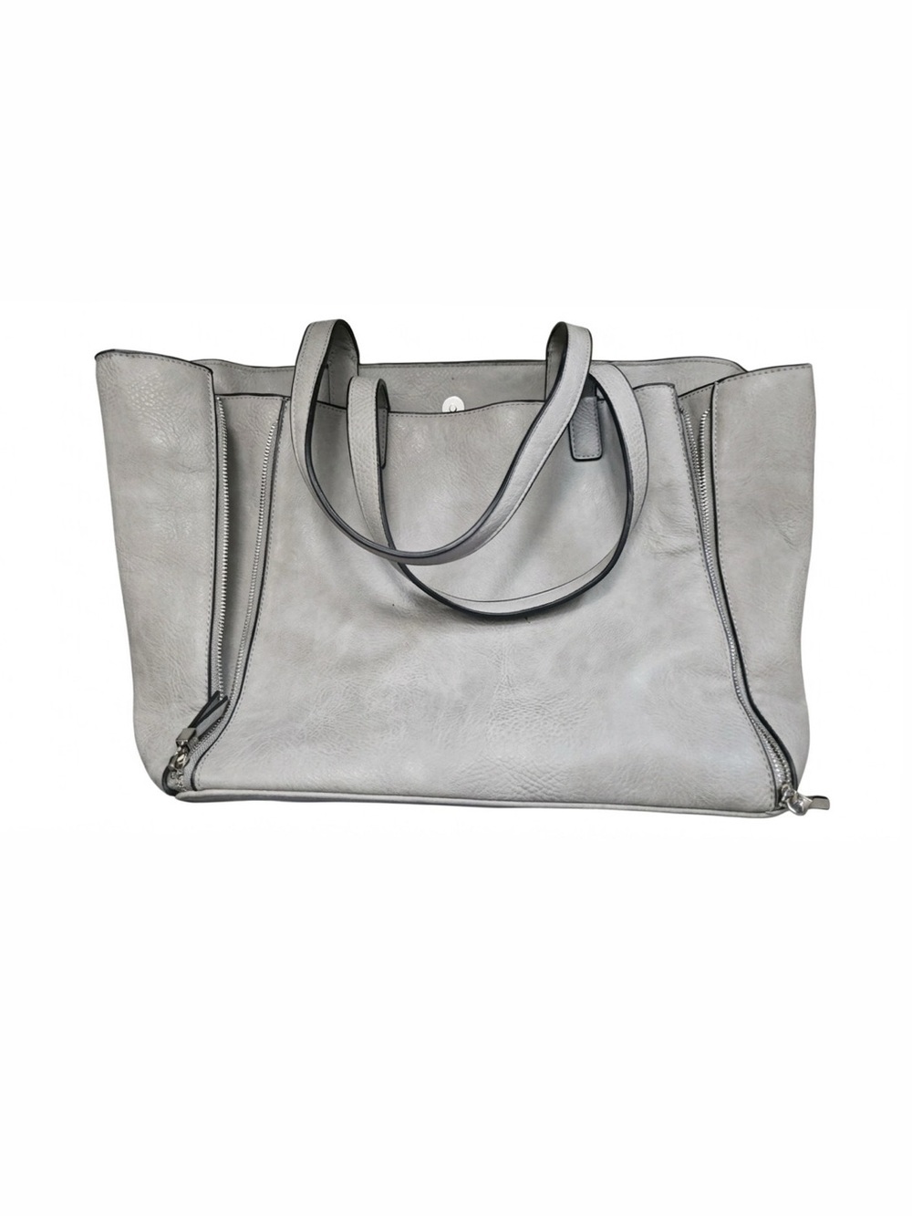 Structured Grey Leather Tote with Dual Zipper Accents